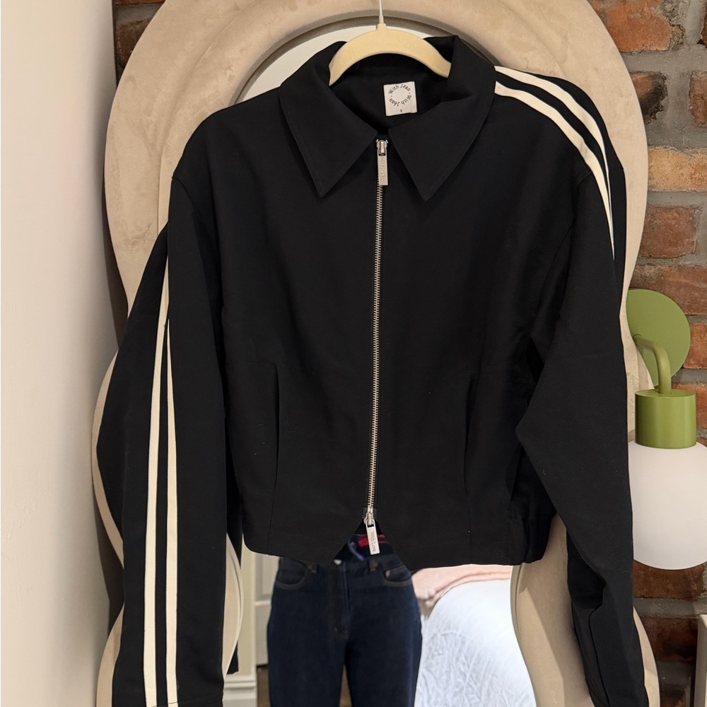 With Jean Black Jacket with White Stripes